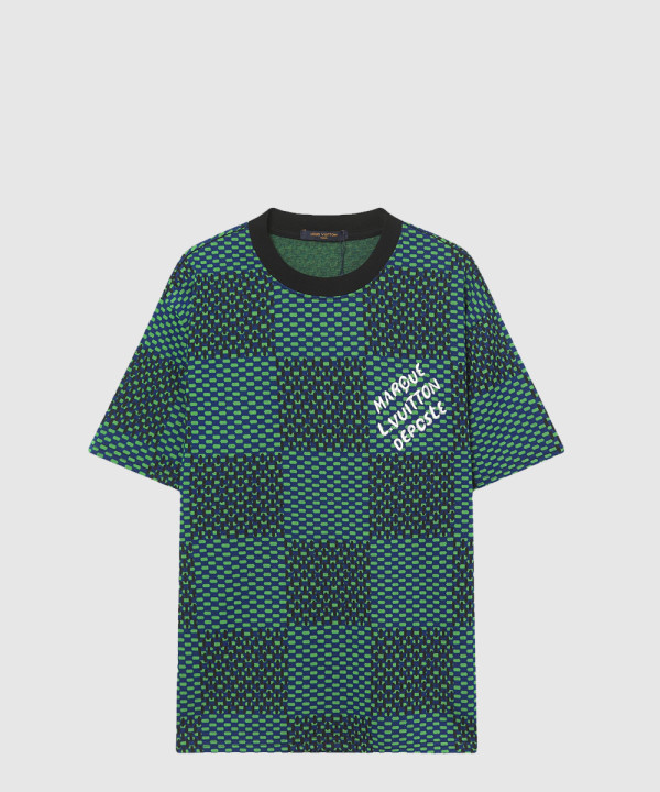 자카드 다미에 쇼트 슬리브드 코튼 크루넥