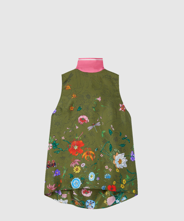 프린트 민소매 실크 탑