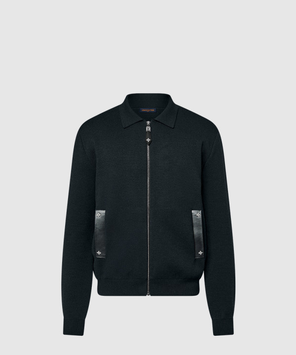 니트 블루종 위드 레더 디테일