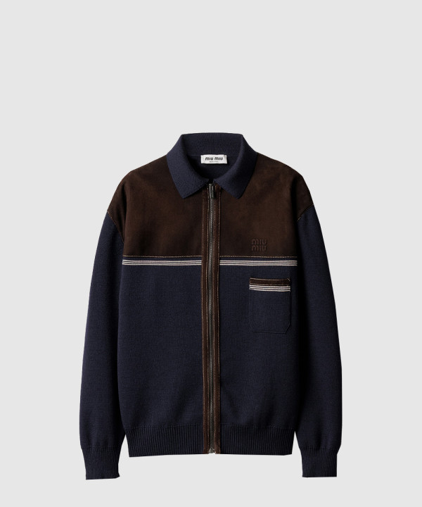 울 및 가죽 지퍼 가디건